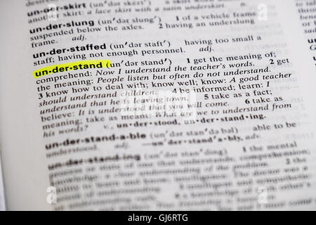 La parola comprendere è evidenziato e definito in un dizionario. Foto Stock