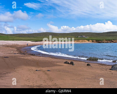 Dh Braewick ESHANESS SHETLAND turista rosso Braewick sabbia spiaggia a nord di scena continentale Regno Unito Scozia Foto Stock