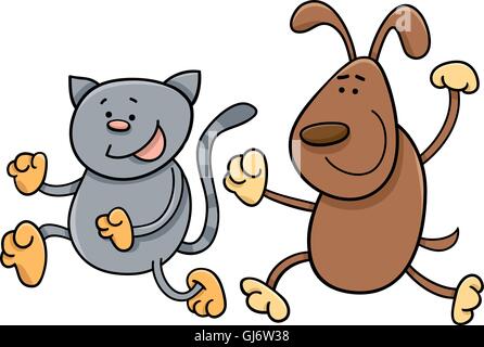 Di cane e di gatto giocando tag cartoon Illustrazione Vettoriale