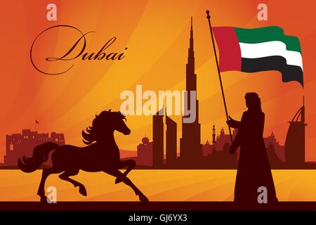 Dubai City skyline silhouette sullo sfondo Illustrazione Vettoriale