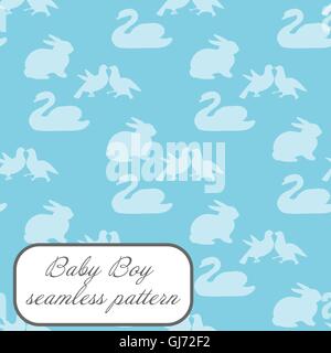 Baby boy modello senza cuciture in colori blu con cigno, bunny,colombe Illustrazione Vettoriale