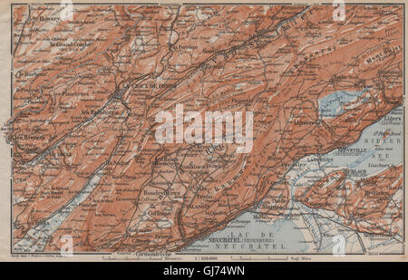 A nord-ovest del Giura. Neuchâtel La Chaux de Fonds Neuveville. Topo-map, 1913 Foto Stock