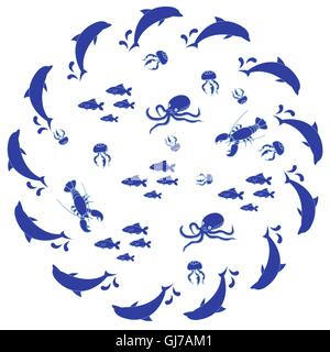 Interessanti foto con i vari abitanti dei mari e degli oceani su sfondo bianco Illustrazione Vettoriale