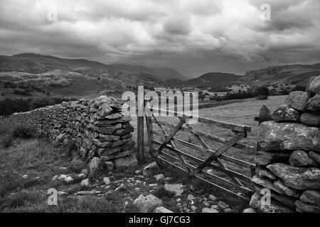 Campo-cancello vicino Castlerigg Stone Circle, guardando oltre alla Basilica di San Giovanni in Valle verso Helvellyn, Lake District, Cumbria Foto Stock