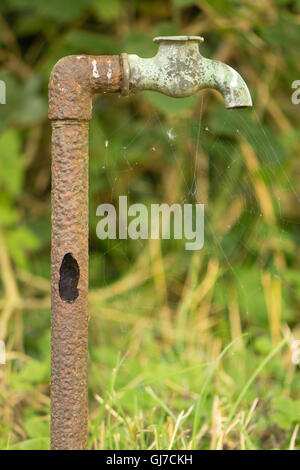 Vecchio tubo arrugginito con foro e rubinetto rotto. Plumbing Outdoor dopo molti anni esposta alle intemperie, che mostra la corrosione Foto Stock