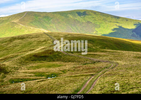 Strada tortuosa attraverso grandi prati sulla collina di Polonina mountain range Foto Stock