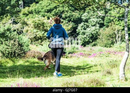 Giovane donna jogging con il cane all'aperto nella giornata di sole Foto Stock