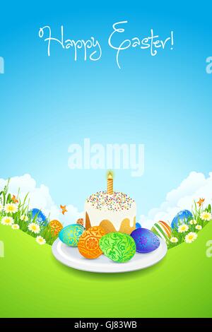 Scheda di pasqua con paesaggio, torta decorata e uova Illustrazione Vettoriale