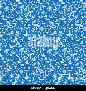 Il vettore blu bianco lineart piante telaio orizzontale seamless sfondo pattern Illustrazione Vettoriale