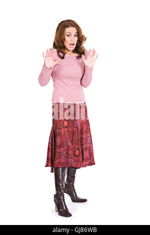 Pretty Woman in abbigliamento casual, in pose diverse, isolata su uno sfondo bianco. Foto Stock
