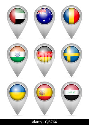 Mappa nazionale marcatore flag impostato su uno sfondo bianco. Foto Stock