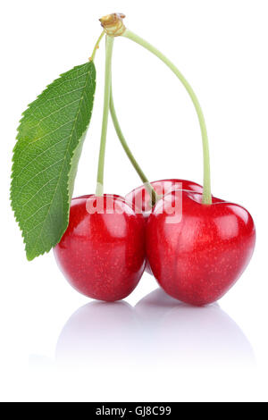 Le ciliegie cherry con foglie frutti frutto isolato su uno sfondo bianco Foto Stock