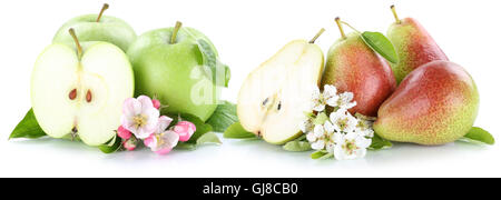 Mele e pere mele pere frutti slice isolato su bianco Foto Stock