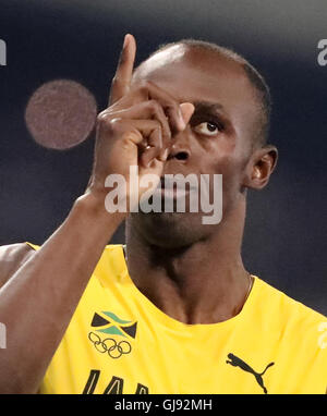Rio de Janeiro, Brasile. 14 Ago, 2016. Usain Bolt della Giamaica compete in Uomini 100m semifinali dell'Atletica, la via e il campo eventi durante il Rio 2016 Giochi Olimpici allo Stadio Olimpico di Rio de Janeiro, Brasile, 14 agosto 2016. Foto: Michael Kappeler/dpa/Alamy Live News Foto Stock