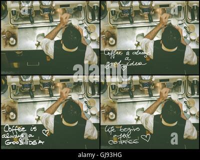 Photo Collage del barista e di macchine per il caffè al bar, vintage filtro applicato. Vari messaggi scritti a mano. Foto Stock