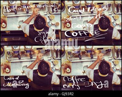 Photo Collage del barista e di macchine per il caffè al bar, vintage filtro applicato. Vari messaggi scritti a mano. Foto Stock