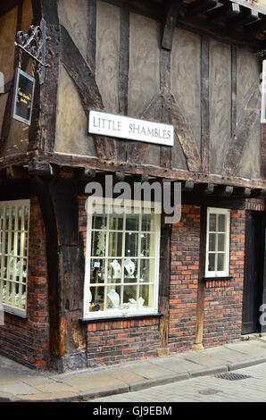 Il Caos, York, Regno Unito - Antico borgo medioevale strada di ciottoli e negozi nel centro della città Foto Stock