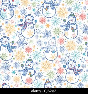 Simpatici pupazzi di neve perfetta sullo sfondo del modello Illustrazione Vettoriale