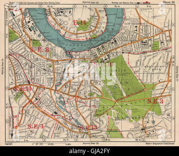 SE Londra. Deptford Greenwich Cubitt Town Lewisham Blackheath. BACON, 1938 Mappa Foto Stock