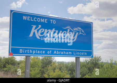 Benvenuti al Kentucky cartello stradale presso il confine di stato Foto Stock