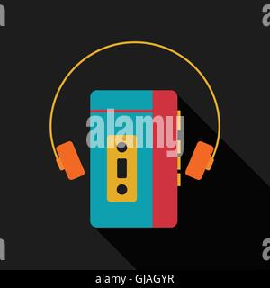 Retro Vintage lettore musicale portatile con cuffie design piatto icona isolato illustrazione vettoriale Illustrazione Vettoriale