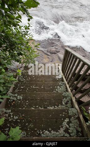 Un lichen coperto scalinata in legno che conduce fino al Lago Superiore onde. Foto Stock