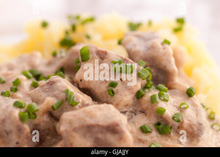 Carni bovine Stroganoff con purè di patate decorate con la cipolla verde sulla piastra bianca closeup. Foto Stock