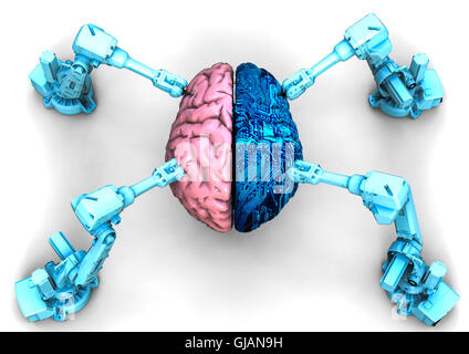 3D render image di 4 robot in possesso di un cervello umano con metà cervello artificiale Foto Stock