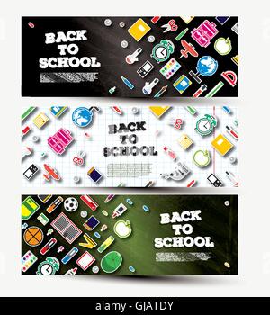 Si torna a scuola Banner impostato con forniture scolastiche. Illustrazione Vettoriale. Il concetto di istruzione. Banner con verde e nero Chalk Board Illustrazione Vettoriale