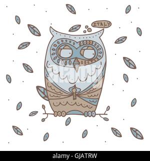 Disegnata a mano Owl con foglie che cadono. Illustrazione Vettoriale. Illustrazione Vettoriale