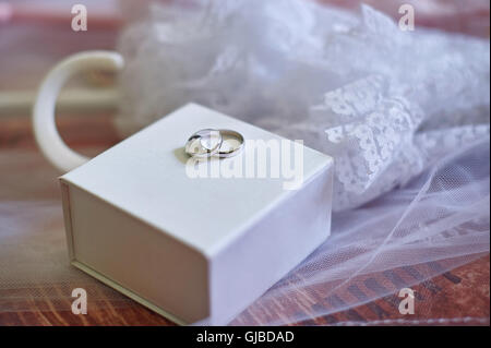 Due anelli di nozze in oro bianco sulla scatola Foto Stock