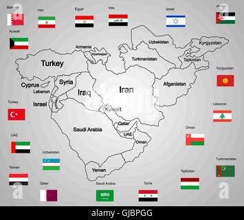 Medio Oriente mappa vettoriale insieme di stati e bandiere. Paesi collezione illustrazione vettoriale. Asia icona del medio oriente membri. Illustrazione Vettoriale