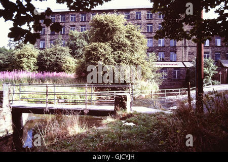 1982 sunny view, attraverso gli alberi, dalla passerella pedonale oltre il Clifton Beck a Thornhills Beck Lane, all'ex edificio a cinque piani di cotone Woodvale Filanda, aperto nel 1870, la chiusura nei primi1930s e demolita nel 1986, a seguito di danni da incendio, Brighouse, West Yorkshire, Regno Unito Foto Stock