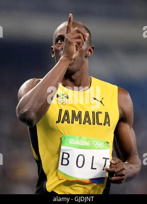 Rio de Janeiro, Brasile. 14 Ago, 2016. Usain Bolt della Giamaica compete in Uomini 100m semifinali dell'Atletica, la via e il campo eventi durante il Rio 2016 Giochi Olimpici allo Stadio Olimpico di Rio de Janeiro, Brasile, 14 agosto 2016. Foto: Michael Kappeler/dpa/Alamy Live News Foto Stock