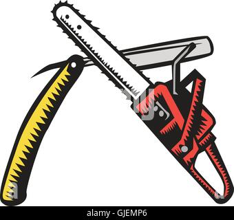 Illustrazione di un chainsaw attraversato con un rasoio impostato su isolato sfondo bianco fatto in xilografia retrò stile. Illustrazione Vettoriale