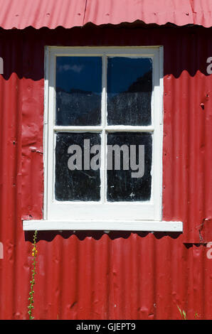 Finestra bianca in parete rossa di alta campagna capanna di pastori, piatto d'oca, stazione di muso, Clarence River, Isola del Sud, Nuova Zelanda Foto Stock