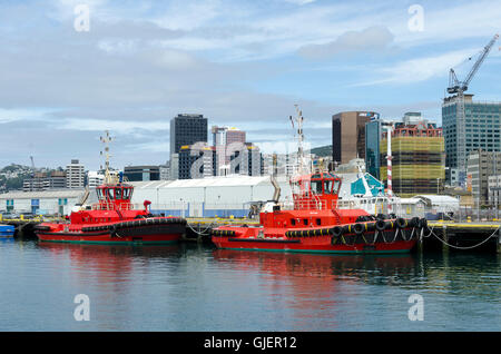 Rimorchiatore imbarcazioni al wharf, Welllington Harbour, Isola del nord, Nuova Zelanda, Foto Stock