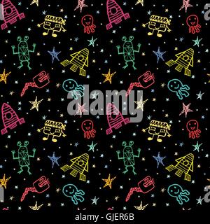 Vettore colorati disegnati a mano scarabocchi cartoon set di oggetti spaziali Illustrazione Vettoriale