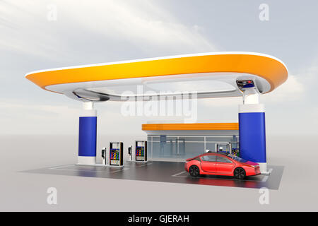 EV contemporanea stazione di ricarica e stazione di gas design per la nuova fornitura di energia concpet. Il rendering 3D'immagine. Foto Stock