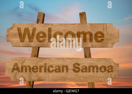 Benvenuto a Samoa Americane cantare su uno sfondo di legno Foto Stock