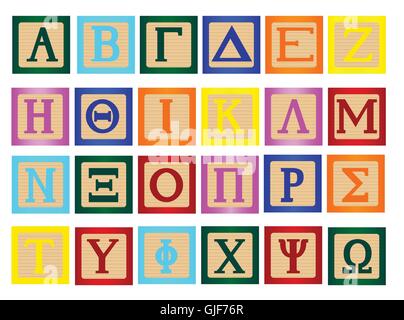 Una collezione di blocco di legno le lettere utilizzando l'alfabeto greco Illustrazione Vettoriale