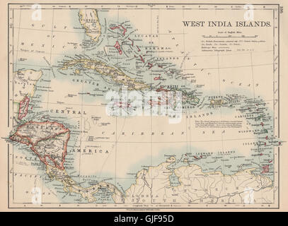 WEST INDIA isole. Caraibi Lucayas Caribbee Cuba. JOHNSTON, 1906 mappa vecchia Foto Stock