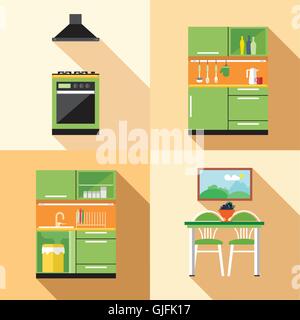 Cucina home decoration Imposta, di tipo piatto. Digital immagine vettoriale Illustrazione Vettoriale