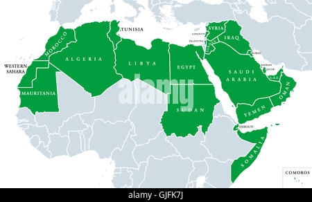 Mondo arabo mappa politico, anche chiamato nazione araba, consiste di ventidue paesi di lingua araba della Lega Araba. Foto Stock