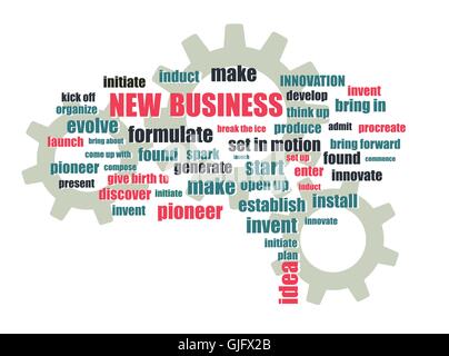 Nuovo business wordcloud con ingranaggi astratti sfondo vettoriale Illustrazione Vettoriale