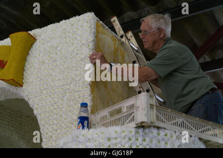 Preparazione di fiori galleggianti per l annuale Battaglia dei Fiori,Jersey,Isole del Canale Foto Stock