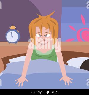 Prime difficoltà di alzarsi - funny cartoon sulla donna cercando di wake up Illustrazione Vettoriale