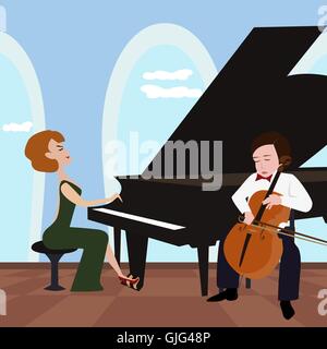 Funny cartoon illustrazione del duetto con donna suonare il pianoforte e il ragazzo giocando violoncello Illustrazione Vettoriale
