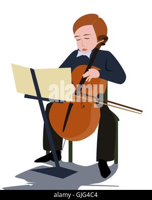 Ragazzo giocando violoncello - vettore di fumetto illustrazione colorata Illustrazione Vettoriale