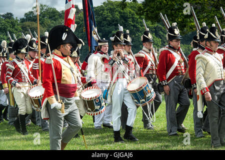 Coldstream reggimento delle guardie del piede sul campo di battaglia di una guerra napoleonica rievocazione storica a Spetchley Park, Worcestershire, Inghilterra Foto Stock